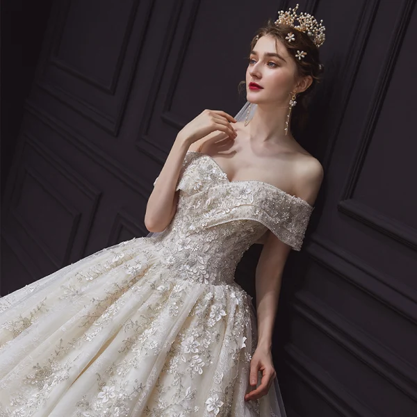 Luxury / Gorgeous Champagne Bridal Wedding Dresses 2020 Ball Gown Off-The-Shoulder Short Sleeve Backless Appliques Flower Beading Chapel Train Ruffle