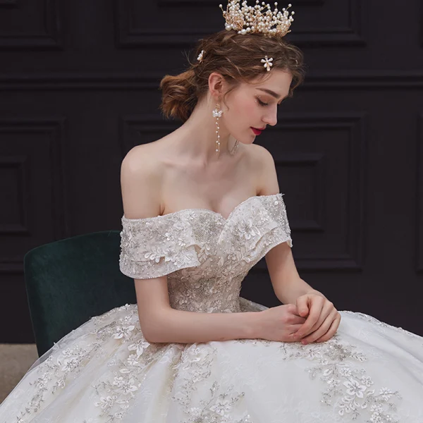 Luxury / Gorgeous Champagne Bridal Wedding Dresses 2020 Ball Gown Off-The-Shoulder Short Sleeve Backless Appliques Flower Beading Chapel Train Ruffle