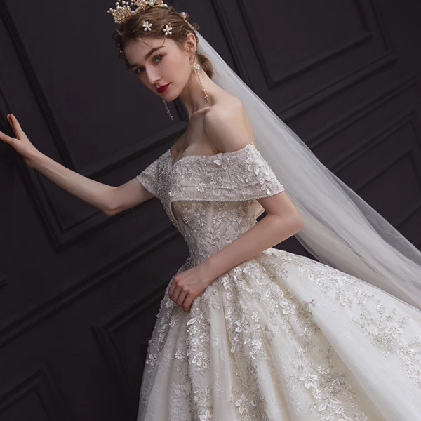 Luxury / Gorgeous Champagne Bridal Wedding Dresses 2020 Ball Gown Off-The-Shoulder Short Sleeve Backless Appliques Flower Beading Chapel Train Ruffle