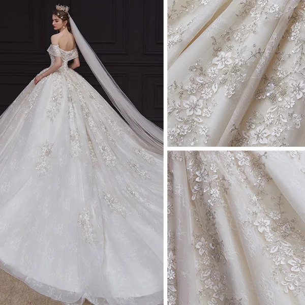 Luxury / Gorgeous Champagne Bridal Wedding Dresses 2020 Ball Gown Off-The-Shoulder Short Sleeve Backless Appliques Flower Beading Chapel Train Ruffle