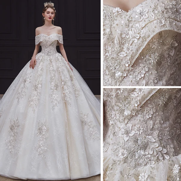 Luxury / Gorgeous Champagne Bridal Wedding Dresses 2020 Ball Gown Off-The-Shoulder Short Sleeve Backless Appliques Flower Beading Chapel Train Ruffle