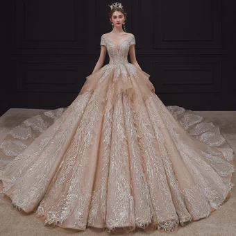 Luxe Champagne La Mariée Robe De Mariée 2020 Robe Boule Transparentes Encolure Dégagée Manches Courtes Dos Nu Appliques En Dentelle Paillettes Perlage Faux Diamant Royal Train Volants