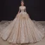 Luxury / Gorgeous Champagne Bridal Wedding Dresses 2020 Ball Gown See-through Scoop Neck Short Sleeve Backless Appliques Lace Sequins Beading Rhinestone Royal Train Ruffle