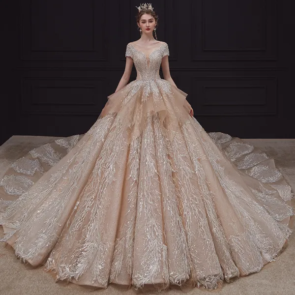 Luxury / Gorgeous Champagne Bridal Wedding Dresses 2020 Ball Gown See-through Scoop Neck Short Sleeve Backless Appliques Lace Sequins Beading Rhinestone Royal Train Ruffle