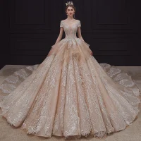 Luxus / Herrlich Champagner Hochzeits Brautkleider / Hochzeitskleider 2020 Ballkleid Durchsichtige Rundhalsausschnitt Kurze Ärmel Rückenfreies Applikationen Spitze Pailletten Perlenstickerei Strass Königliche Schleppe Rüschen