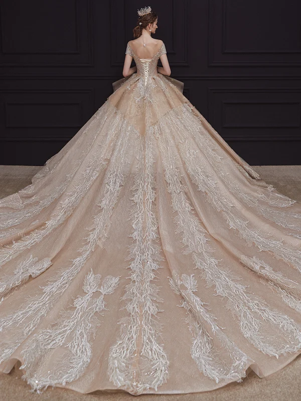 Luxury / Gorgeous Champagne Bridal Wedding Dresses 2020 Ball Gown See-through Scoop Neck Short Sleeve Backless Appliques Lace Sequins Beading Rhinestone Royal Train Ruffle