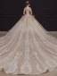 Luxury / Gorgeous Champagne Bridal Wedding Dresses 2020 Ball Gown See-through Scoop Neck Short Sleeve Backless Appliques Lace Sequins Beading Rhinestone Royal Train Ruffle