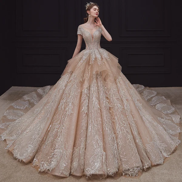 Luxury / Gorgeous Champagne Bridal Wedding Dresses 2020 Ball Gown See-through Scoop Neck Short Sleeve Backless Appliques Lace Sequins Beading Rhinestone Royal Train Ruffle