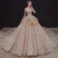 Luxury / Gorgeous Champagne Bridal Wedding Dresses 2020 Ball Gown See-through Scoop Neck Short Sleeve Backless Appliques Lace Sequins Beading Rhinestone Royal Train Ruffle