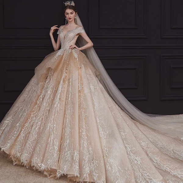 Luxury / Gorgeous Champagne Bridal Wedding Dresses 2020 Ball Gown See-through Scoop Neck Short Sleeve Backless Appliques Lace Sequins Beading Rhinestone Royal Train Ruffle