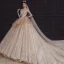 Luxury / Gorgeous Champagne Bridal Wedding Dresses 2020 Ball Gown See-through Scoop Neck Short Sleeve Backless Appliques Lace Sequins Beading Rhinestone Royal Train Ruffle