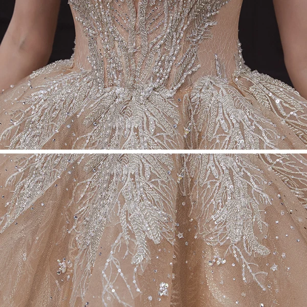 Luxury / Gorgeous Champagne Bridal Wedding Dresses 2020 Ball Gown See-through Scoop Neck Short Sleeve Backless Appliques Lace Sequins Beading Rhinestone Royal Train Ruffle
