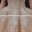 Luxury / Gorgeous Champagne Bridal Wedding Dresses 2020 Ball Gown See-through Scoop Neck Short Sleeve Backless Appliques Lace Sequins Beading Rhinestone Royal Train Ruffle