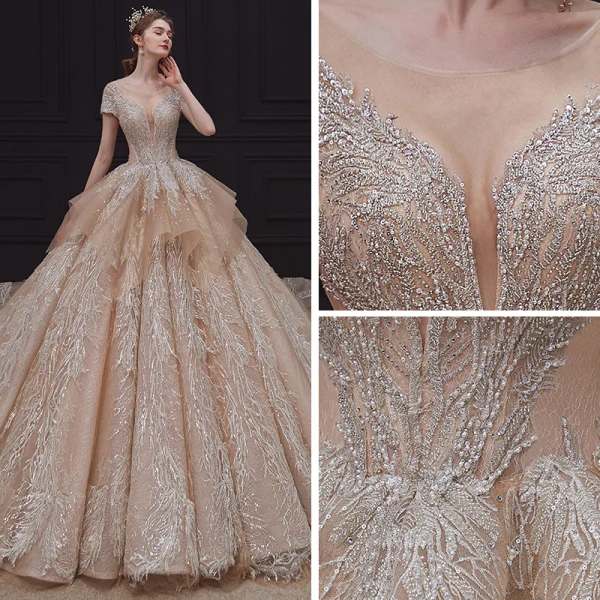 Luxury / Gorgeous Champagne Bridal Wedding Dresses 2020 Ball Gown See-through Scoop Neck Short Sleeve Backless Appliques Lace Sequins Beading Rhinestone Royal Train Ruffle