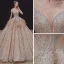 Luxury / Gorgeous Champagne Bridal Wedding Dresses 2020 Ball Gown See-through Scoop Neck Short Sleeve Backless Appliques Lace Sequins Beading Rhinestone Royal Train Ruffle
