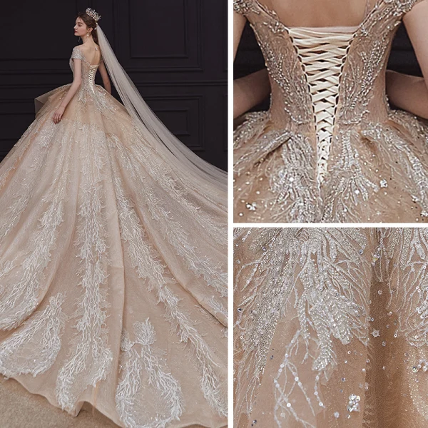 Luxury / Gorgeous Champagne Bridal Wedding Dresses 2020 Ball Gown See-through Scoop Neck Short Sleeve Backless Appliques Lace Sequins Beading Rhinestone Royal Train Ruffle