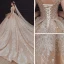 Luxury / Gorgeous Champagne Bridal Wedding Dresses 2020 Ball Gown See-through Scoop Neck Short Sleeve Backless Appliques Lace Sequins Beading Rhinestone Royal Train Ruffle