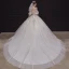 Romantisch Champagner Hochzeits Brautkleider / Hochzeitskleider 2020 Ballkleid Off Shoulder Geschwollenes 1/2 Ärmel Rückenfreies Applikationen Perlenstickerei Glanz Tülle Kapelle-Schleppe Rüschen