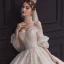 Romantisch Champagner Hochzeits Brautkleider / Hochzeitskleider 2020 Ballkleid Off Shoulder Geschwollenes 1/2 Ärmel Rückenfreies Applikationen Perlenstickerei Glanz Tülle Kapelle-Schleppe Rüschen