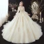 Victorian Style Champagne See-through Bridal Wedding Dresses 2020 Ball Gown High Neck Puffy Long Sleeve Backless Appliques Lace Beading Pearl Cathedral Train Ruffle