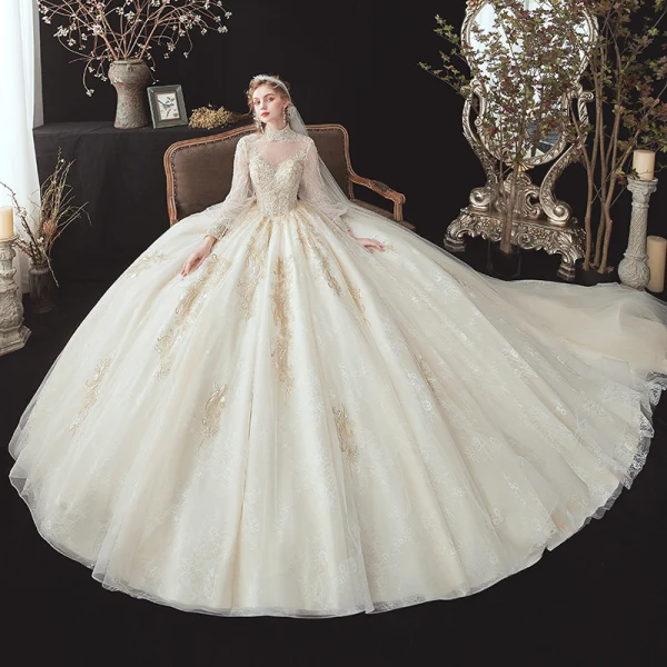 Victorian Style Champagne See-through Bridal Wedding Dresses 2020 Ball Gown High Neck Puffy Long Sleeve Backless Appliques Lace Beading Pearl Cathedral Train Ruffle