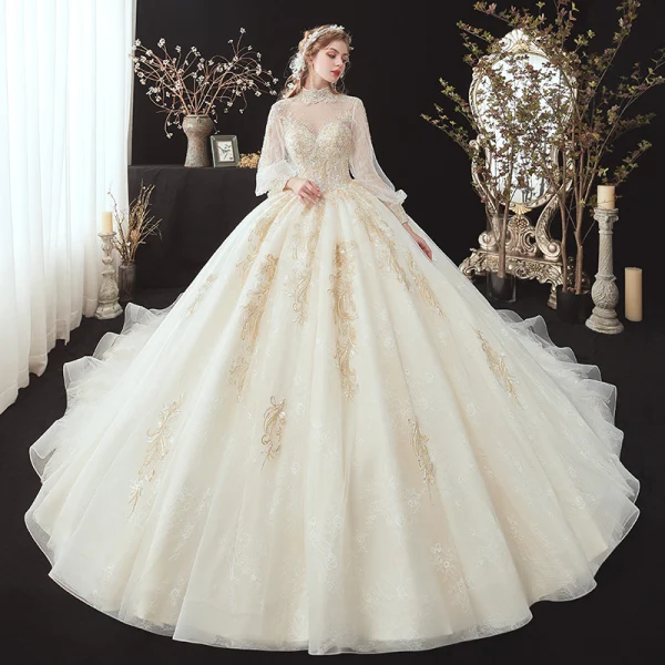 Victorian Style Champagne See-through Bridal Wedding Dresses 2020 Ball Gown High Neck Puffy Long Sleeve Backless Appliques Lace Beading Pearl Cathedral Train Ruffle