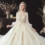 Victorian Style Champagne See-through Bridal Wedding Dresses 2020 Ball Gown High Neck Puffy Long Sleeve Backless Appliques Lace Beading Pearl Cathedral Train Ruffle
