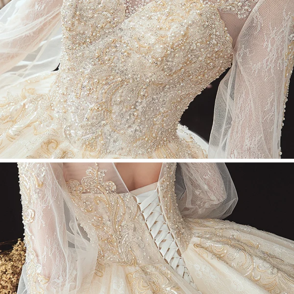 Victorian Style Champagne See-through Bridal Wedding Dresses 2020 Ball Gown High Neck Puffy Long Sleeve Backless Appliques Lace Beading Pearl Cathedral Train Ruffle
