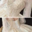 Victorian Style Champagne See-through Bridal Wedding Dresses 2020 Ball Gown High Neck Puffy Long Sleeve Backless Appliques Lace Beading Pearl Cathedral Train Ruffle