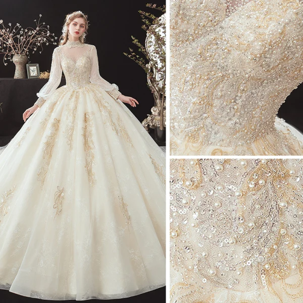 Victorian Style Champagne See-through Bridal Wedding Dresses 2020 Ball Gown High Neck Puffy Long Sleeve Backless Appliques Lace Beading Pearl Cathedral Train Ruffle