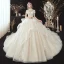 Vintage / Retro Champagne See-through Bridal Wedding Dresses 2020 Ball Gown High Neck Short Sleeve Backless Appliques Lace Beading Pearl Cathedral Train Ruffle