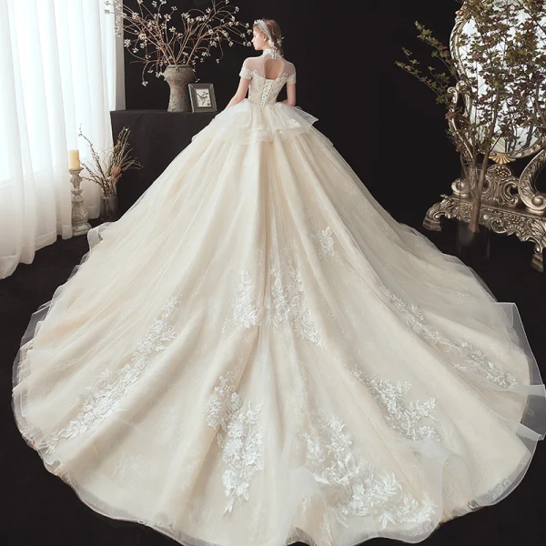 Vintage / Retro Champagne See-through Bridal Wedding Dresses 2020 Ball Gown High Neck Short Sleeve Backless Appliques Lace Beading Pearl Cathedral Train Ruffle