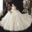 Vintage / Retro Champagne See-through Bridal Wedding Dresses 2020 Ball Gown High Neck Short Sleeve Backless Appliques Lace Beading Pearl Cathedral Train Ruffle