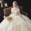 Vintage / Retro Champagne See-through Bridal Wedding Dresses 2020 Ball Gown High Neck Short Sleeve Backless Appliques Lace Beading Pearl Cathedral Train Ruffle