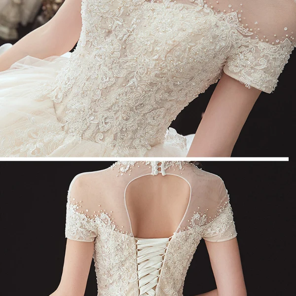 Vintage / Retro Champagne See-through Bridal Wedding Dresses 2020 Ball Gown High Neck Short Sleeve Backless Appliques Lace Beading Pearl Cathedral Train Ruffle