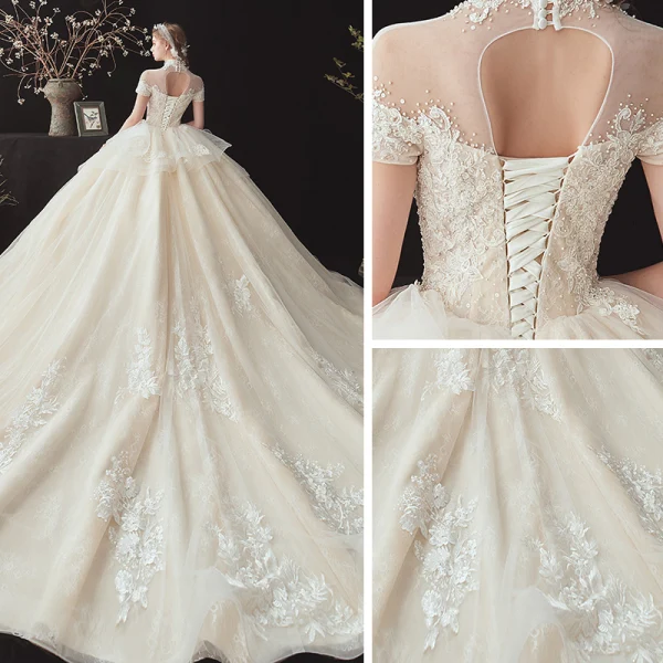 Vintage / Retro Champagne See-through Bridal Wedding Dresses 2020 Ball Gown High Neck Short Sleeve Backless Appliques Lace Beading Pearl Cathedral Train Ruffle