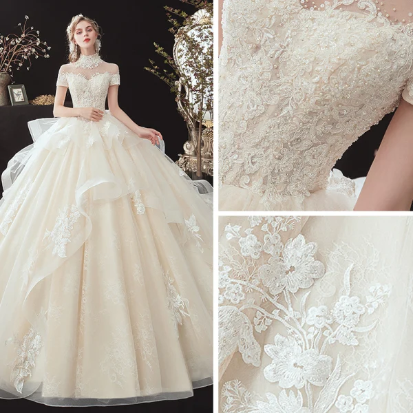 Vintage / Retro Champagne See-through Bridal Wedding Dresses 2020 Ball Gown High Neck Short Sleeve Backless Appliques Lace Beading Pearl Cathedral Train Ruffle