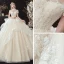 Vintage / Retro Champagne See-through Bridal Wedding Dresses 2020 Ball Gown High Neck Short Sleeve Backless Appliques Lace Beading Pearl Cathedral Train Ruffle