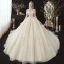 Chic / Belle Champagne La Mariée Robe De Mariée 2020 Robe Boule De l'épaule Manches Courtes Dos Nu Appliques En Dentelle Perlage Cathedral Train