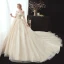 Chic / Belle Champagne La Mariée Robe De Mariée 2020 Robe Boule De l'épaule Manches Courtes Dos Nu Appliques En Dentelle Perlage Cathedral Train