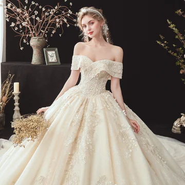 Chic Beautiful Champagne Bridal Wedding Dresses 2020 Ball Gown Off The Shoulder Short Sleeve Backless Appliques Lace Beading Cathedral Train