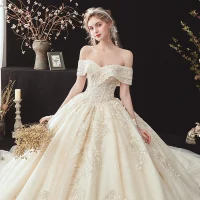 Chic / Belle Champagne La Mariée Robe De Mariée 2020 Robe Boule De l'épaule Manches Courtes Dos Nu Appliques En Dentelle Perlage Cathedral Train