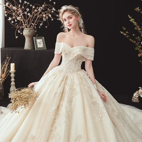 Chic / Beautiful Champagne Bridal Wedding Dresses 2020 Ball Gown Off-The-Shoulder Short Sleeve Backless Appliques Lace Beading Cathedral Train