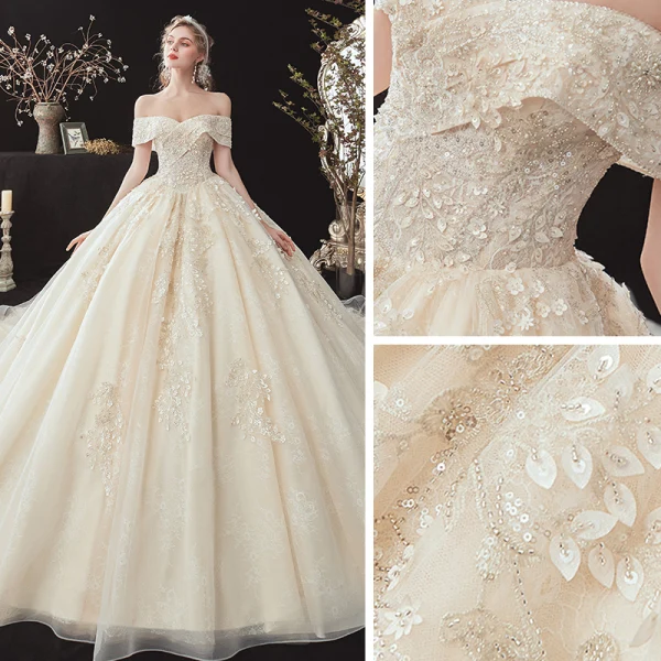 Chic / Belle Champagne La Mariée Robe De Mariée 2020 Robe Boule De l'épaule Manches Courtes Dos Nu Appliques En Dentelle Perlage Cathedral Train