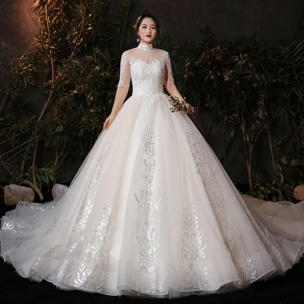 Vintage / Retro Champagne Plus Size Wedding Dresses 2020 Ball Gown See-through High Neck 1/2 Sleeves Backless Appliques Lace Glitter Tulle Cathedral Train Ruffle