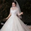 Vintage / Originale Champagne Grande Taille Robe De Mariée 2020 Robe Boule Transparentes Col Haut 1/2 Manches Dos Nu Appliques En Dentelle Glitter Tulle Cathedral Train Volants