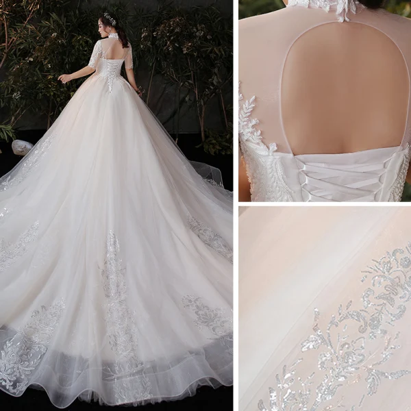 Vintage / Originale Champagne Grande Taille Robe De Mariée 2020 Robe Boule Transparentes Col Haut 1/2 Manches Dos Nu Appliques En Dentelle Glitter Tulle Cathedral Train Volants