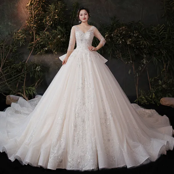 Chic / Beautiful Champagne Plus Size Wedding Dresses 2020 Ball Gown See-through V-Neck 3/4 Sleeve Backless Appliques Sequins Glitter Tulle Cathedral Train Ruffle