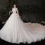 Schöne Champagner Plus Größe Brautkleider / Hochzeitskleider 2020 Ballkleid Durchsichtige V-Ausschnitt 3/4 Ärmel Rückenfreies Applikationen Pailletten Glanz Tülle Kathedrale Schleppe Rüschen
