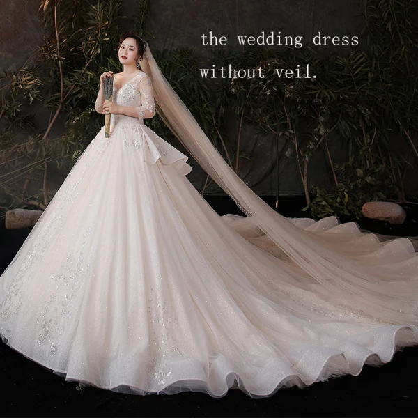 Schöne Champagner Plus Größe Brautkleider / Hochzeitskleider 2020 Ballkleid Durchsichtige V-Ausschnitt 3/4 Ärmel Rückenfreies Applikationen Pailletten Glanz Tülle Kathedrale Schleppe Rüschen
